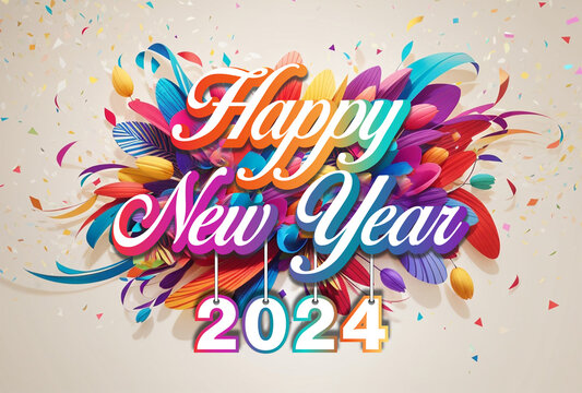 2024 hanging with Happy New Year lettering design on the colorful floral greeting card.