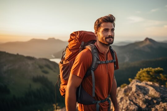 Handsome young man with backpack hiking in the mountains at sunset