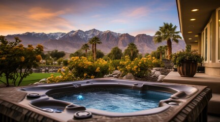 Luxury hot tub outdoor wiht mountain. Generative AI