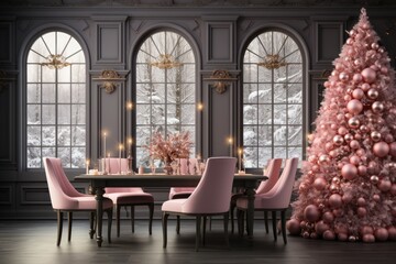 Fototapeta na wymiar Beautiful dining room with large windows and a large pink Christmas tree. Christmas home decor
