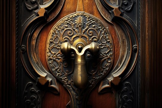 Ancient door handle on old door. Generative AI