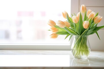 A bouquet of tulips on a white table.