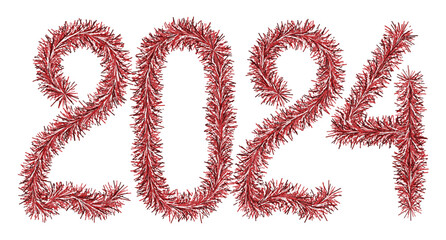 Tinsel. 2024. Lettering from a festive Christmas decoration. Fluffy numbers. Of red color. Vector illustration. Isolated white background. Cute plush message. The coming year. Rustling lettering. 