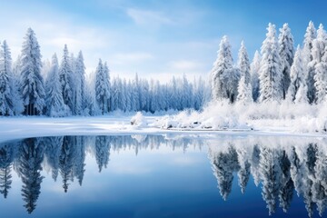 Obraz premium Frozen lake in snowy forest. Generative AI