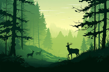 vector illustration of life scene in green silhouette forest