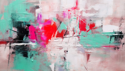Abstract oil painting with red, pink, green brush strokes, background, wallpaper, paint texture, bold art, expressive artwork, fine realistic detail, modern style, evoking vibrant emotions, feelings