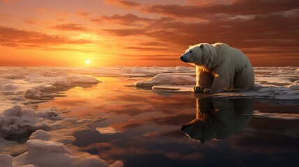 serene and fragile existence of a polar bear on melting ice, symbolizing the impact of climate change - obrazy, fototapety, plakaty