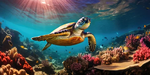 Foto op Plexiglas anti-reflex a beautiful sea turtle around very beautiful coral reef, AI Generative © Horsi