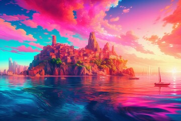Vibrant seascape with rolling waves, rocky coast, and a picturesque city. Enchanting neon sunset enhances the surreal atmosphere. Captivating 3D artwork. Generative AI