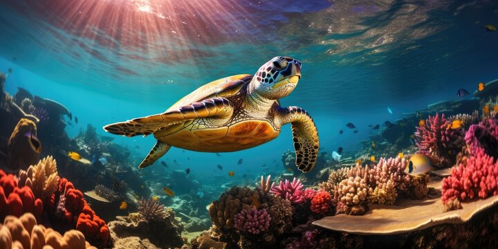 a beautiful sea turtle around very beautiful coral reef, AI Generative