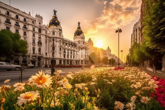 Famous cathedral at Madrid plaza, sunset view with flowers, greenery, street lamps, and picturesque sky. Generative AI