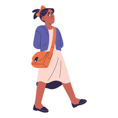 Schoolgirl with bow walk, stepping, go to study, get elementary, primary education. Kid in dress carrying shoulder bag, schoolbag. Children back to school. Flat isolated vector illustration on white