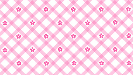 Diagonal pink checked and flowers pattern on the white background