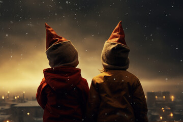 back view two cute child in Santa hats looking in winter sky, waiting Santa Claus. Christmas holiday
