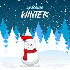 Fototapeta na wymiar Hello Winter with Snowman and snowflakes vector. Hello winter for social media post. welcome winter vector.