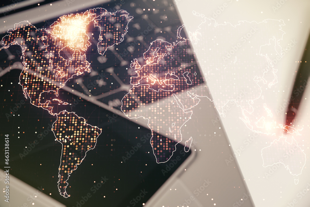 Poster multi exposure of abstract graphic world map on modern computer background, big data and networking 