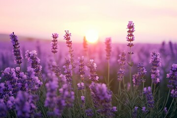 Naklejka premium Close up lavender flowers in beautiful field at sunset.