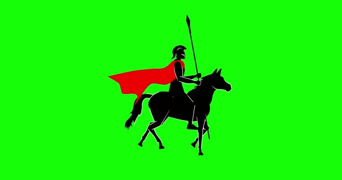 Ancient greek warrior on horse silhouette 2d animation on green screen