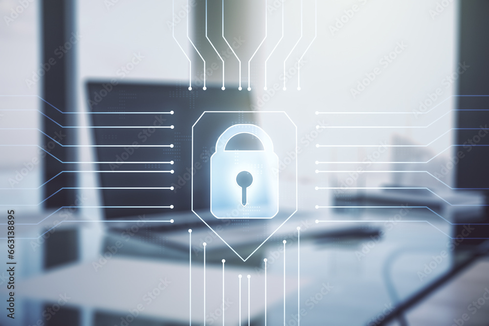 Poster creative idea concept with lock symbol and microcircuit illustration on modern laptop background. pr