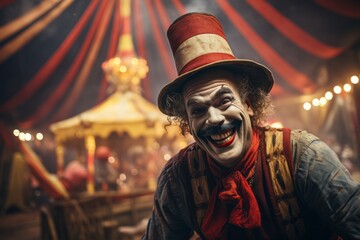 Portrait of a joyful clown with a beaming smile and a classic red nose, embracing the vintage circus atmosphere. Created with generative AI technology