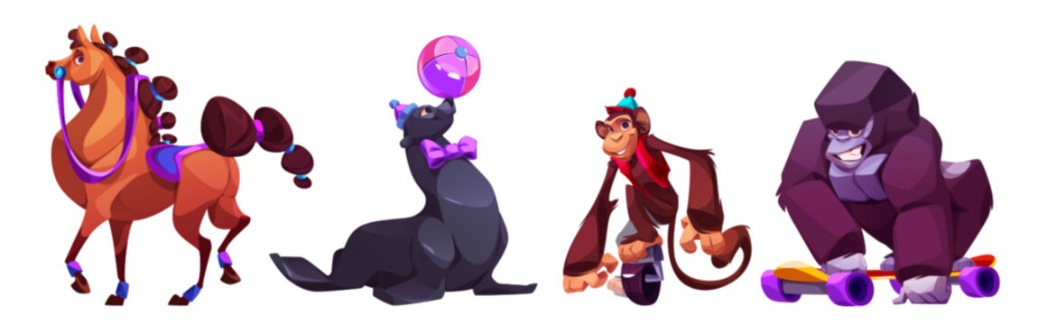 Circus animals during performance. Cartoon vector happy smiling characters of horse with drcorated tail and mane, harbor seal holds ball on its nose, monkey balances on unicycle, gorilla skateboarding