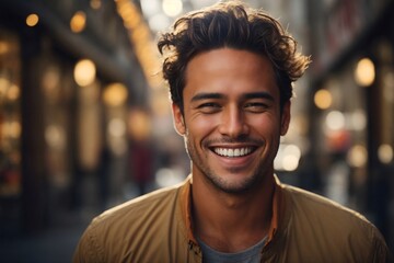 Obraz premium A man's genuine happiness with a big, radiant smile and sparkling eyes.