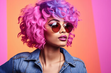 Fototapeta premium Young African American woman with vibrant pink curly hair wearing retro clothes