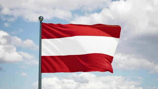 Austrian flag flutters in the wind. Austria national flag of european country. Cloudy sky background.