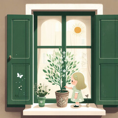 window with flowers , Girl and butterfly looking at flower and tree pots