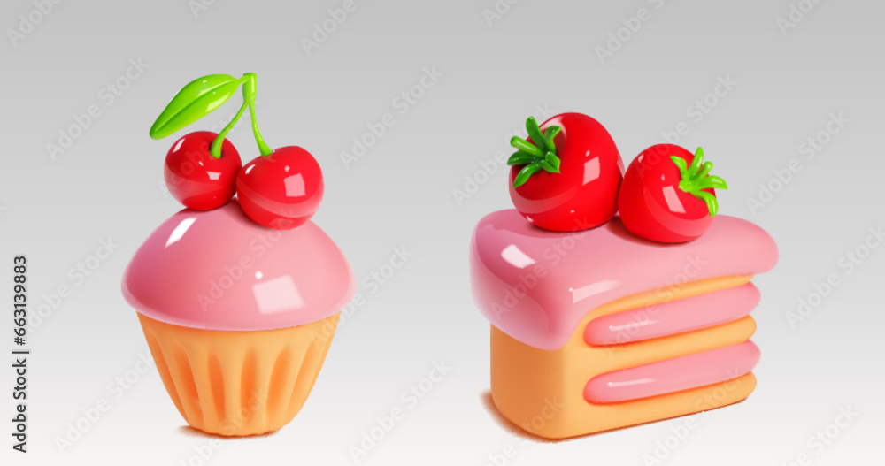 Canvas Prints desserts 3d - piece of layered cake with cream and strawberry, and cupcake with cherry. realistic ve