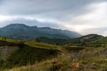 Caucasian mountain. Dagestan. Trees, rocks, mountains, view of the green mountains. Beautiful summer landscape.