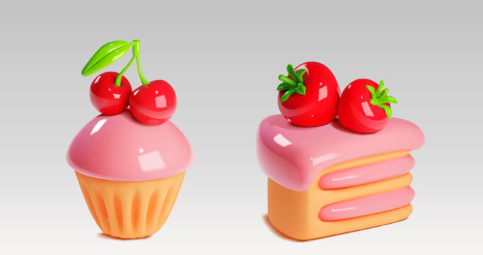 Desserts 3d - piece of layered cake with cream and strawberry, and cupcake with cherry. Realistic vector illustration set of pink pastel pastries decorated with glaze and berries. Sweet baked food.