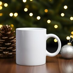 Obraz na płótnie Canvas White blank mug mock-up product photography background, Christmas-themed, Bokeh lights.