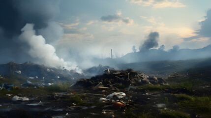 Fototapeta premium Burning landfill. Environmental problems. Smoke, fire. Ruin.