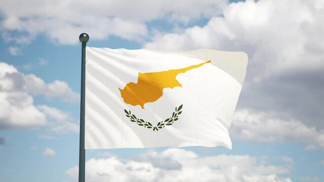 Cyprus island flag flutters in the wind. Cyprus national flag of european country. Cloudy sky background.