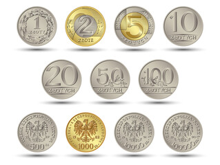 Reverse and obverse Polish Money one, two, five, ten, twenty, fifty and one hundred zloty gold and silver coins. Vector illustration.