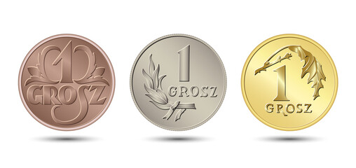 Reverse Polish money one grosz coin set. Vector illustration. - obrazy, fototapety, plakaty
