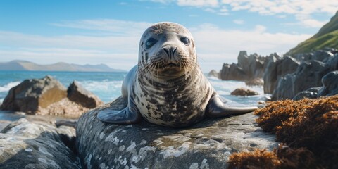 a image cute seal sitting on beautiful rock near ocean, AI Generative