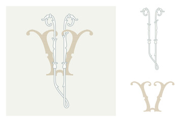 V letter marriage monograms for bride and groom names. Wide and Narrow capitals. Initials with thin swirled lines and lush foliage patterns. Perfect for wedding, anniversary, birthday invitation.