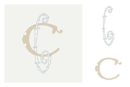 C letter marriage monograms for bride and groom names. Wide and Narrow capitals. Initials with thin swirled lines and lush foliage patterns. Perfect for wedding, anniversary, birthday invitation.