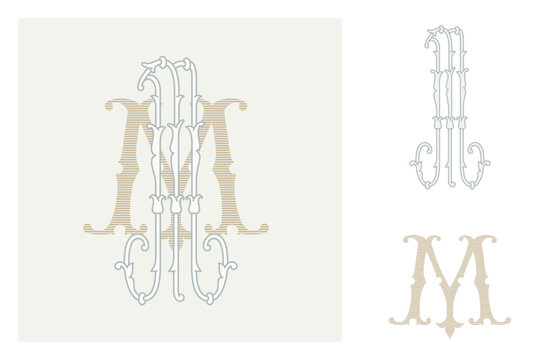M letter marriage monograms for bride and groom names. Wide and Narrow capitals. Initials with thin swirled lines and lush foliage patterns. Perfect for wedding, anniversary, birthday invitation.