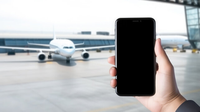 hand holding a smartphone with a blank screen on the background of the airport, airplane, travel, registration, flight, layout, space for text, mobile phone, cell phone, advertising, white display