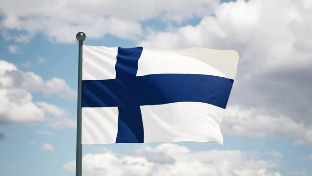 Finnish flag flutters in the wind. Finland national flag of european country. Cloudy sky background.