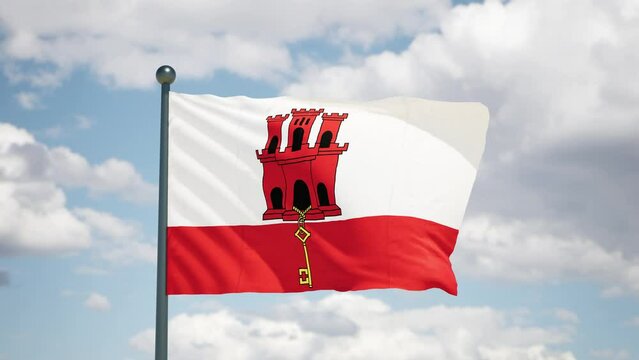 Gibraltar flag flutters in the wind. Gibraltar national flag of european country. Cloudy sky background.