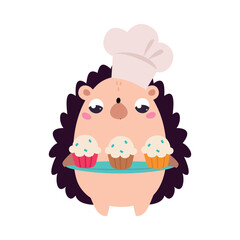 Cute Hedgehog Chef Character in Toque Hold Cupcakes Vector Illustration