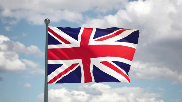 British flag flutters in the wind. United Kingdom UK national flag of european country. Cloudy sky background.