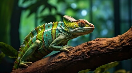 Fototapeta premium Chameleon reptile perches on a branch.