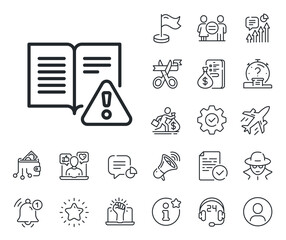 Warning book sign. Salaryman, gender equality and alert bell outline icons. Instruction manual line icon. Caution alert symbol. Instruction manual line sign. Spy or profile placeholder icon. Vector