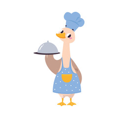 Cute Goose Chef Character in Toque Hold Tray Vector Illustration