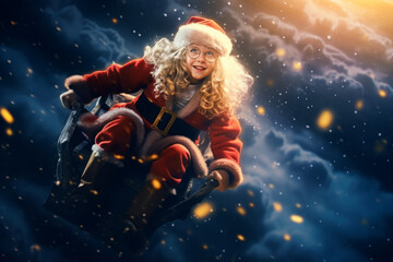 little girl flying on sleds in clouds in Santa costume in dream. Christmas fairytale. Christmas time